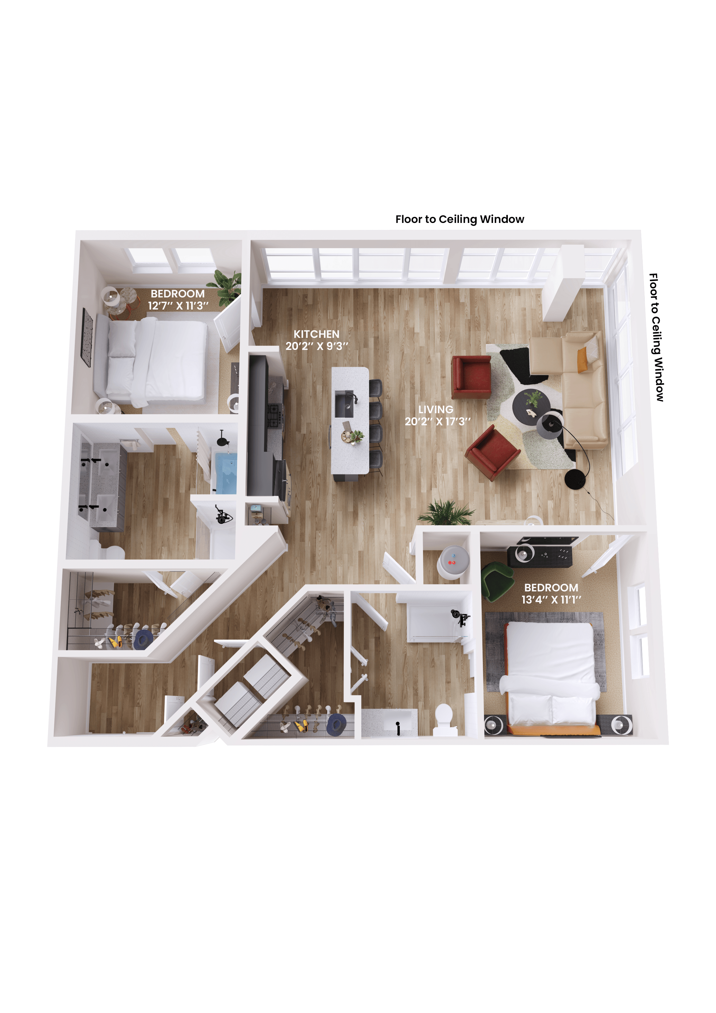 Floor plan for 2 beds, 2 baths, 1380 sqft